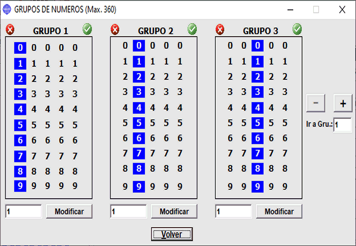 Pantalla del Filtro de grupos de números